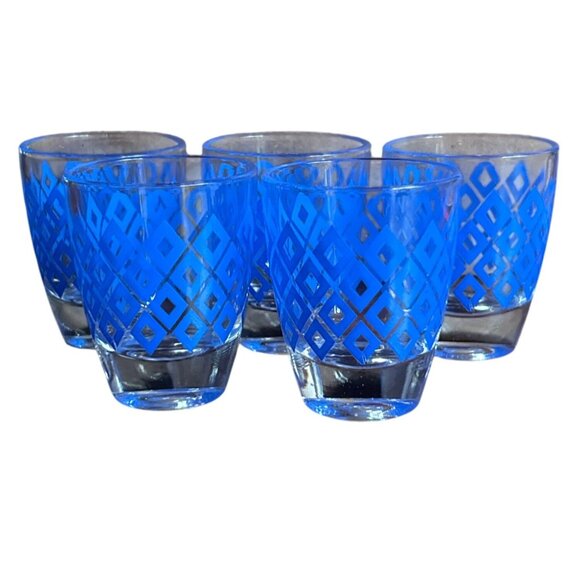Mid-Century Made in France Blue Diamond Shot Glasses Set Of 5 Shot Glasses - Picture 4 of 6